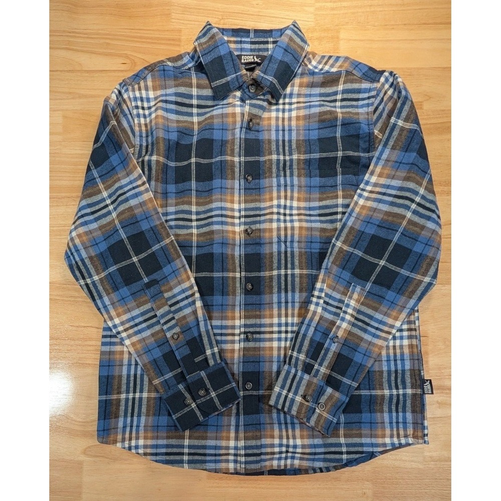 Eddie Bauer Mens Flannel Shirt Blue Brown Plaid Long Sleeve EB008604 Size M NEW